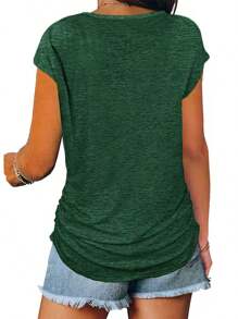 Women's Casual Zipper V Neck Short Sleeve Tunic Tops Loose Fitting Summer Dressy T Shirts Blouse Basic Tee - 綠色 - 查看 2