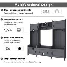 Hallway Coat Rack Hall Tree Set ,Entryway Storage Bench Modern Style 4-In-1 Multiple Functions With Seven Metal Black Hooks,  Hall Tree With Ample Drawer, Black - Grey - View 4