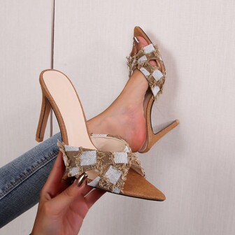 女士休閒格紋拼接流蘇交叉式露趾高跟涼鞋，適用於夏季派對和上下班通勤