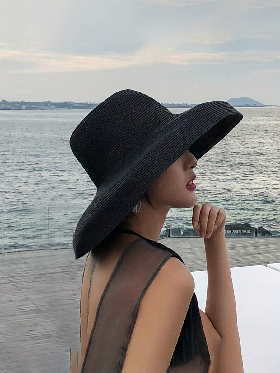1pc Women Summer Large Brim Vacation Beach Straw Hat UV Protection Sun Hat - Sun Protection - View 1