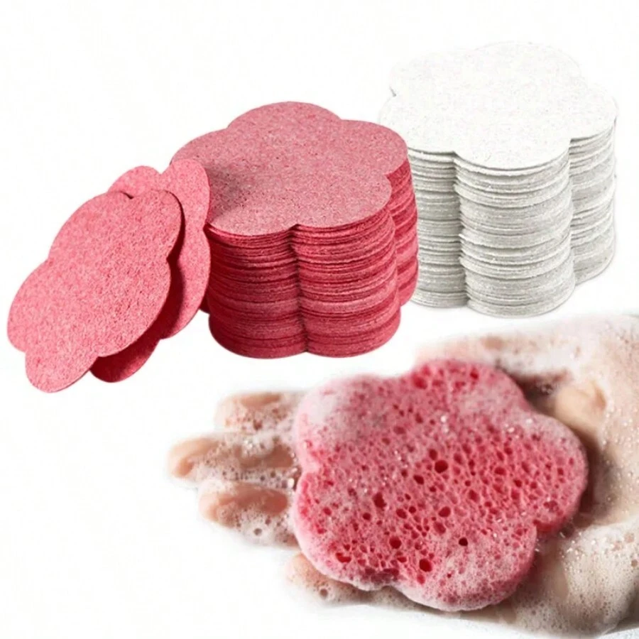 10pcs Face Cleaning Sponge Pad For Exfoliator Mask Facial SPA Massage Makeup Removal Thicker Compress Natural Cellulose Reusable - Pink - View 1