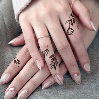 1張小尺寸男女臨時身體藝術紋身貼紙，黑色復古線條植物葉花圖案，老派風格，防水假紋身，持續2-5天，遮蓋疤痕，可用於手臂手腕肩部腿腰頸手胸腿指，最好的朋友情侶紋身