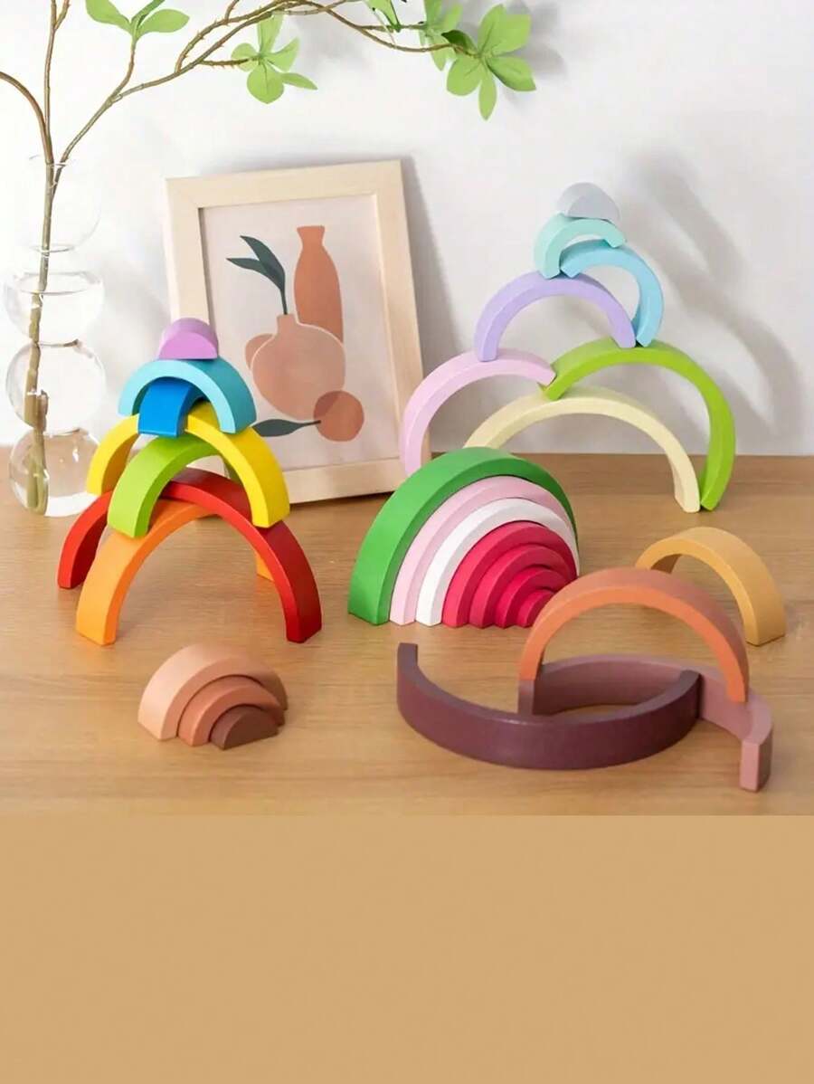 儿童彩虹拱桥积木木制益智玩具，彩虹拱门装饰弧形板，蒙特梭利彩色形状匹配创意玩具，感官拼图玩具 - 彩色 - 查看 1