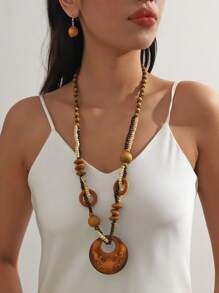 3入組珠串米珠鏈方形印花吊墜時尚復古假日風格女性珠寶套裝 - 彩色 - 查看 1