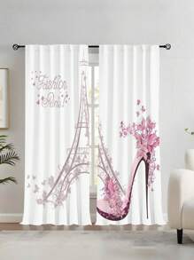 Cortina en diseño romántico de tacones altos de mariposa, 2 piezas de poliéster con bolsillo de varilla, decoración para la casa en sala o dormitorio - Rosa vieja - Ver 3