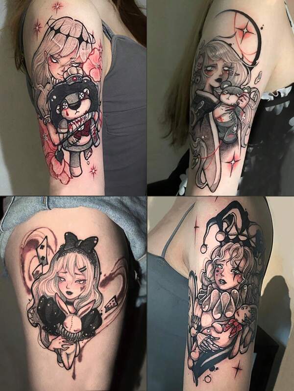 Set de 10 tatuajes temporales a prueba de agua con patrones de chica rebelde Lolita oscura y lindos dibujos animados, duran de 1 a 5 días, unisex