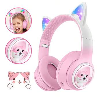 Cute Bluetooth RGB Light Cat Ear Headphone - Bluetooth 5.0 Wireless Headset (Cat Ear LED Glowing Cute Game Headphone), Over-Ear, Built-In Mic Volume Control, Compatible With IPhone/IPad/Smartphone/Tablet/Laptop,
