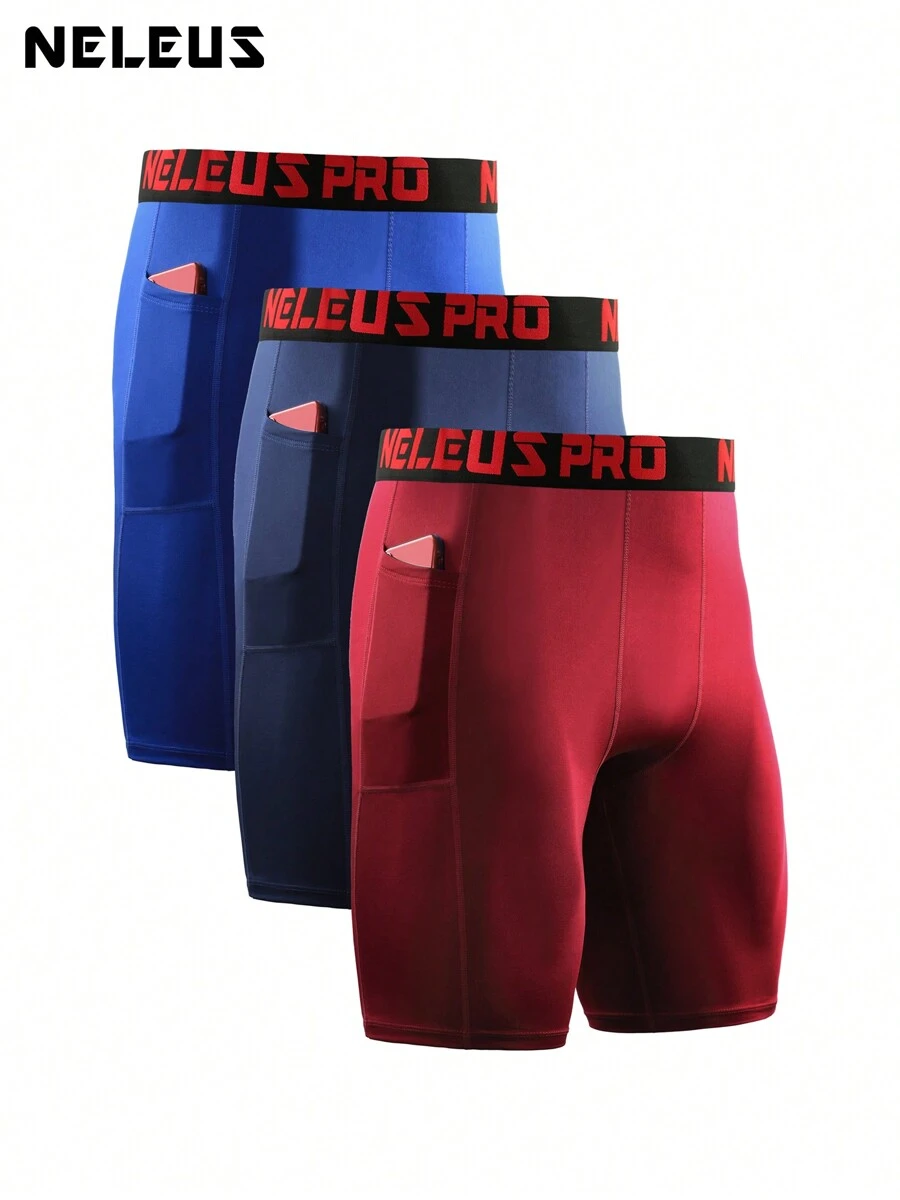 NELEUS Boyfriend Style Men's 3 Pack Running Compression Shorts With Pockets - Blue,Navy,Red#3 - View 1