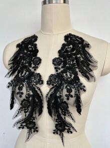 1對3D蕾絲珠片花朵鏡片縫上刺繡蕾絲貼花婚紗新娘頭飾裝飾DIY貼布裝飾配件 - 黑色 - 查看 4