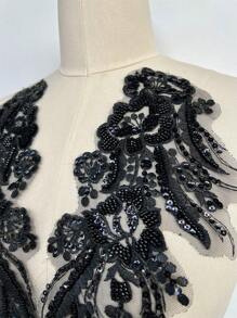 1對3D蕾絲珠片花朵鏡片縫上刺繡蕾絲貼花婚紗新娘頭飾裝飾DIY貼布裝飾配件 - 黑色 - 查看 5