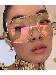 1pc Women's Oversized Flat Top Fashion Glasses, Y2K Square One-Piece Stylish Glasses, Retro Punk Large Frame , Metal Rivet Punk Glasses, Fashionable For Party, Music Festival, Beach, Holiday, Halloween, Summer Beach Vacation, Outdoor Activities, Travel