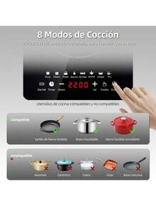 Parrilla de Induccion Magnetica Eléctrica, Estufa de Inducción Eléctrica Control Tactil, 2100W, Cocina de Inducción Portatil con 8 Programas Automáticos y Temporizador, Ahorro de Energia,Cocina de inducción doméstica inteligente (alta potencia de 2100 W) según pantalla LCD inteligente, estándar estadounidense de 110 V - Negro - Ver 4