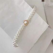 Un cinturón elástico con perlas para mujer, estilo simple con hebilla de perlas de gran tamaño, cadena para la cintura, que combina con faldas, collares y joyas delgadas para la cintura, ideal para Halloween, verano, escuela, otoño - Blanco - Ver 5