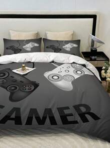 3pcs Modern Gamepad Print Polyester Comforter Cover Set(1Comforter Cover+2Pillowcase), Youth Video Game Controller Mouse Keyboard Headphone Gaming Equipment Pattern Bedding Set For Bedroom Dorm Room (No Quilt)