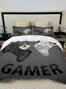 3pcs Modern Gamepad Print Polyester Comforter Cover Set(1Comforter Cover+2Pillowcase), Youth Video Game Controller Mouse Keyboard Headphone Gaming Equipment Pattern Bedding Set For Bedroom Dorm Room (No Quilt)