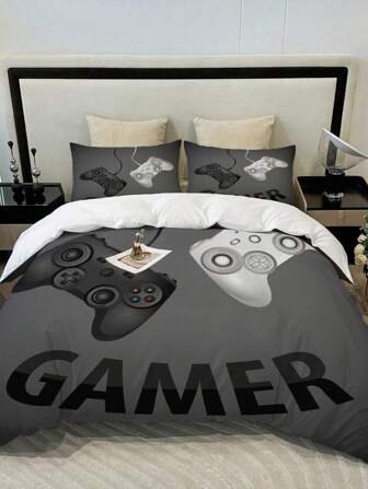 3pcs Modern Gamepad Print Polyester Comforter Cover Set(1Comforter Cover+2Pillowcase), Youth Video Game Controller Mouse Keyboard Headphone Gaming Equipment Pattern Bedding Set For Bedroom Dorm Room (No Quilt)