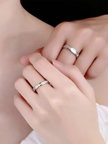 一對全925銀鑲嵌情侶開口戒指，附帶包裝盒，時尚、精美、多用途，適合婚禮、約會和禮物贈送 - 銀色 - 查看 7
