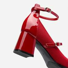 MOUSSE FIT Ankle Strap Square Toe Chunky Heeled Pumps Mary Jane Women Shoes ,Casual Fashion High Heel Shoes,Suitable For Spring And Summer,Black Heels,Burgundy Heels - 酒紅色 - 查看 5