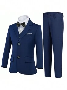 5pcs Boys Suit Set, Toddler Tuxedo Formal Wear, Ring Bearer Outfit, Wedding Suit Jacket, Vest, Pants, Shirt, Tie, Formal Children Suit, Navy Blue, Size 6-16 Years