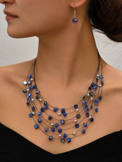 1 Set Women's Multilayer Crystal Necklace And 1 Pair Crystal Earrings, Fashion And Versatile