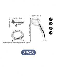 三件套手持花灑套裝，可調節出水量和1.5米軟管，完整浴室用品 - 銀色 - 查看 2