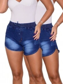 Kit 02 Women's Denim Shorts With Drawstring And Pockets Premium High Waist Elastic Bermuda Shorts - Navy Blue - View 1