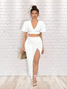 Conjunto Falda Con Abertura Y Top Casual Con Escote V Maria Bela Modelo Melilla - Blanco - Ver 1