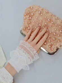 Một Đôi Còng Ren Xếp Ly Nguyên Bản, Váy Cưới Cô Dâu Trang Trí Cổ Tay Trang Sức, Ren Pháp Lãng Mạn, Tay Áo Có Thể Tháo Rời - trắng - Xem 3