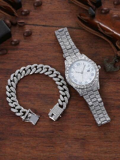 2 件时尚嘻哈链式手链配男士钢带水钻手表，街头文化星光合金男士手表首饰套装
