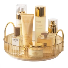 1入組1層旋轉化妝品收納櫃，大容量護膚透明化妝品組織器香水陳列盒檯面360度旋轉 - 金色 - 查看 7