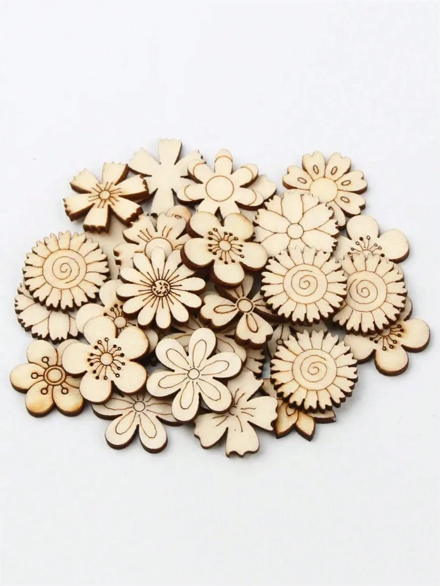 50pcs Unfinished Wood Flower Cutouts, 2Size, Cutouts Ornaments For DIY Crafts Home Party Decoration - Wood - View 1