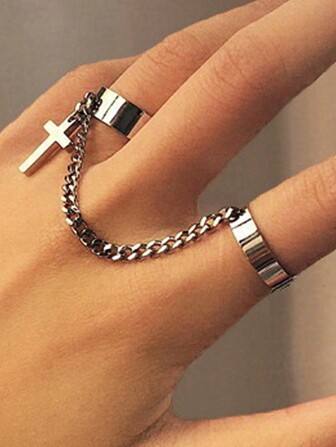 Set de 2 anillos de combinación de cadena y cruz, estilo punk de anillo integrado, anillo ajustable abierto
