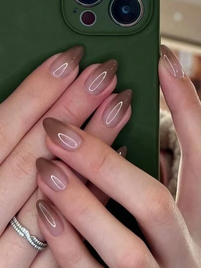 24 Pieces Of Short Brown Almond-Shaped Press-On Nails, Gradient Smudged False Nails, With 1 Rubbing Strip And 1 Piece Of Jelly Glue Nail Supplies Nails