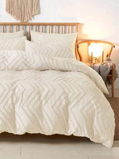 3pcs Bohemian Style Wave Floral Patterned Polyester Fiber Quilt Cover Three-Piece Set, Simple Japanese-Style Khaki Crafted Polyester Quilt Cover Set Suitable For All Seasons