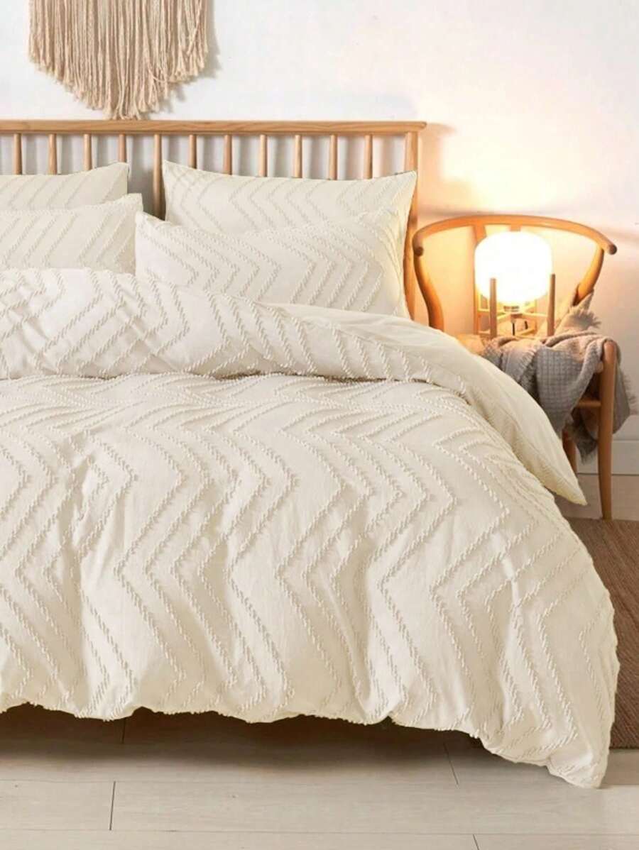 3pcs Bohemian Style Wave Floral Patterned Polyester Fiber Quilt Cover Three-Piece Set, Simple Japanese-Style Khaki Crafted Polyester Quilt Cover Set Suitable For All Seasons - Khaki - View 1