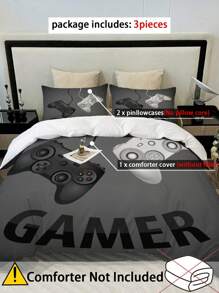 3pcs Modern Gamepad Print Polyester Comforter Cover Set(1Comforter Cover+2Pillowcase), Youth Video Game Controller Mouse Keyboard Headphone Gaming Equipment Pattern Bedding Set For Bedroom Dorm Room (No Quilt)