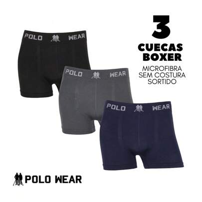 Kit 3 Cuecas Boxer Polo Wear Sem Costura em Microfibra Lisa