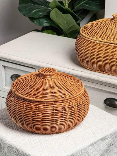1pc Large Round Woven Storage Basket With Lid - Dustproof Container For Snacks, Jewelry, Cosmetics, Toys, Fruit Basket - Fashionable Home & Kitchen Storage And Accessory, Wicker Look Organizer