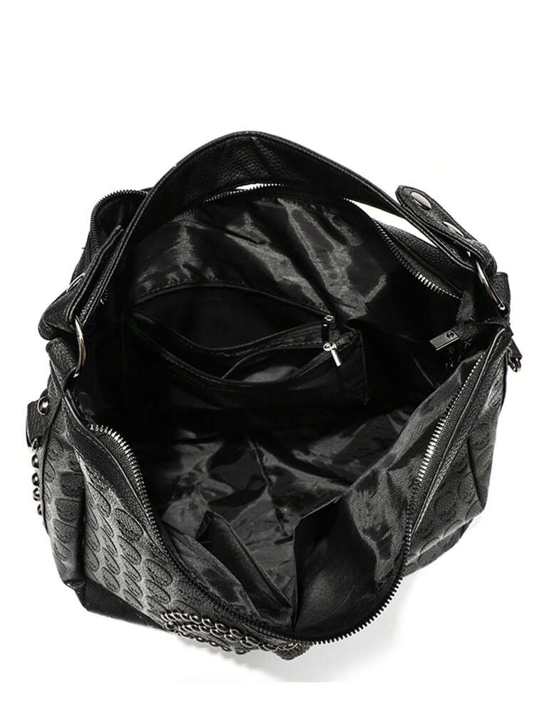 New Style Skull Rivet Decorated Alternative Fashion UK Lady Large Capacity Hand Bag Shoulder Crossbody Bag, Halloween Bags Perfect For Fancy Party Matching With Halloween Costumes, Best Halloween Gifts For Women , Gifts For Women - Black - View 9