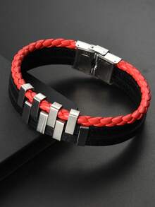 1pc Simple Punk Style Leather Rope & Titanium Steel Couple Bracelet For Men, Suitable For Giving To Elders, Commuting, Traveling, Office Work, Weddings, Dates And Daily Wear
