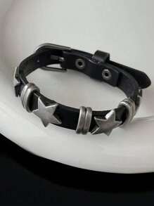 1pc Punk PU Leather Star Pattern Adjustable Rivet Subculture Black Bracelet For Men And Women Couple - Black - View 6