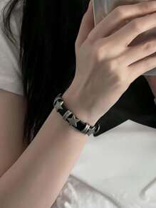 1pc Punk PU Leather Star Pattern Adjustable Rivet Subculture Black Bracelet For Men And Women Couple - Black - View 2