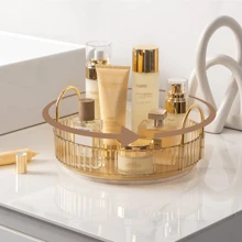 1入組1層旋轉化妝品收納櫃，大容量護膚透明化妝品組織器香水陳列盒檯面360度旋轉 - 金色 - 查看 1