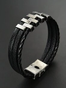 1pc Simple Punk Style Leather Rope & Titanium Steel Couple Bracelet For Men, Suitable For Giving To Elders, Commuting, Traveling, Office Work, Weddings, Dates And Daily Wear