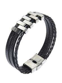 1pc Simple Punk Style Leather Rope & Titanium Steel Couple Bracelet For Men, Suitable For Giving To Elders, Commuting, Traveling, Office Work, Weddings, Dates And Daily Wear