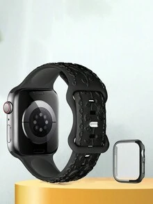 1套時尚雕花玫瑰矽膠蘋果手表帶和PC硬殼一體式蘋果手表保護殼，適用於蘋果手表38mm 40mm 41mm 45mm 44mm 42mm 49mm Ultra系列Ultra 9 8 7 6 5 4 3 2 1 SE，舒適親膚智能手表替換錶帶，靈敏觸摸，防指紋，防刮，防水，抗震手錶殼，適用於女性和男性 - 黑色 - 查看 4