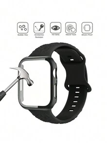 1套時尚雕花玫瑰矽膠蘋果手表帶和PC硬殼一體式蘋果手表保護殼，適用於蘋果手表38mm 40mm 41mm 45mm 44mm 42mm 49mm Ultra系列Ultra 9 8 7 6 5 4 3 2 1 SE，舒適親膚智能手表替換錶帶，靈敏觸摸，防指紋，防刮，防水，抗震手錶殼，適用於女性和男性 - 黑色 - 查看 5