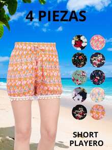 Beach Shorts With Multicolored Flower Design, 4-Piece Pack - 彩色 - 查看 1