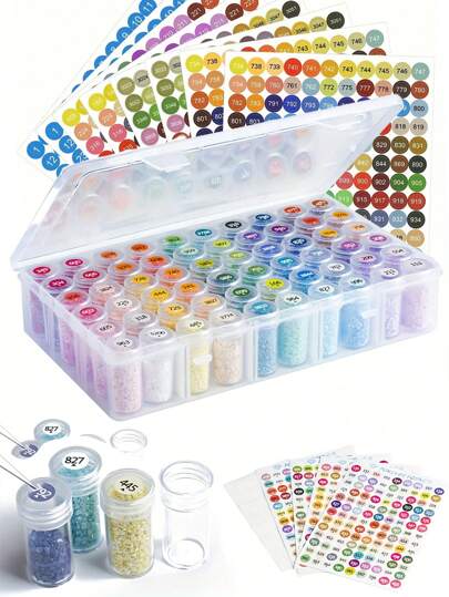 1 Set Clear Plastic Bead Organizer With 1 Set (4pcs) Round Diamond Painted Color Coded Labels, Portable Organizer For DIY Crafts, Diamond Painting, Nail Art Accessories - 6 Sizes Available (24/30/38/46/60/78 Compartments)