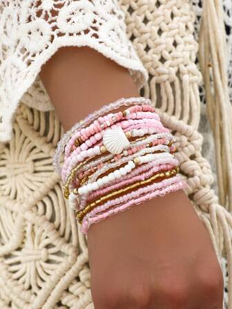 17pcs Creative Pink Pearl Beaded Bracelet Set, Asymmetrical Pearl Shell Charm Bracelets
